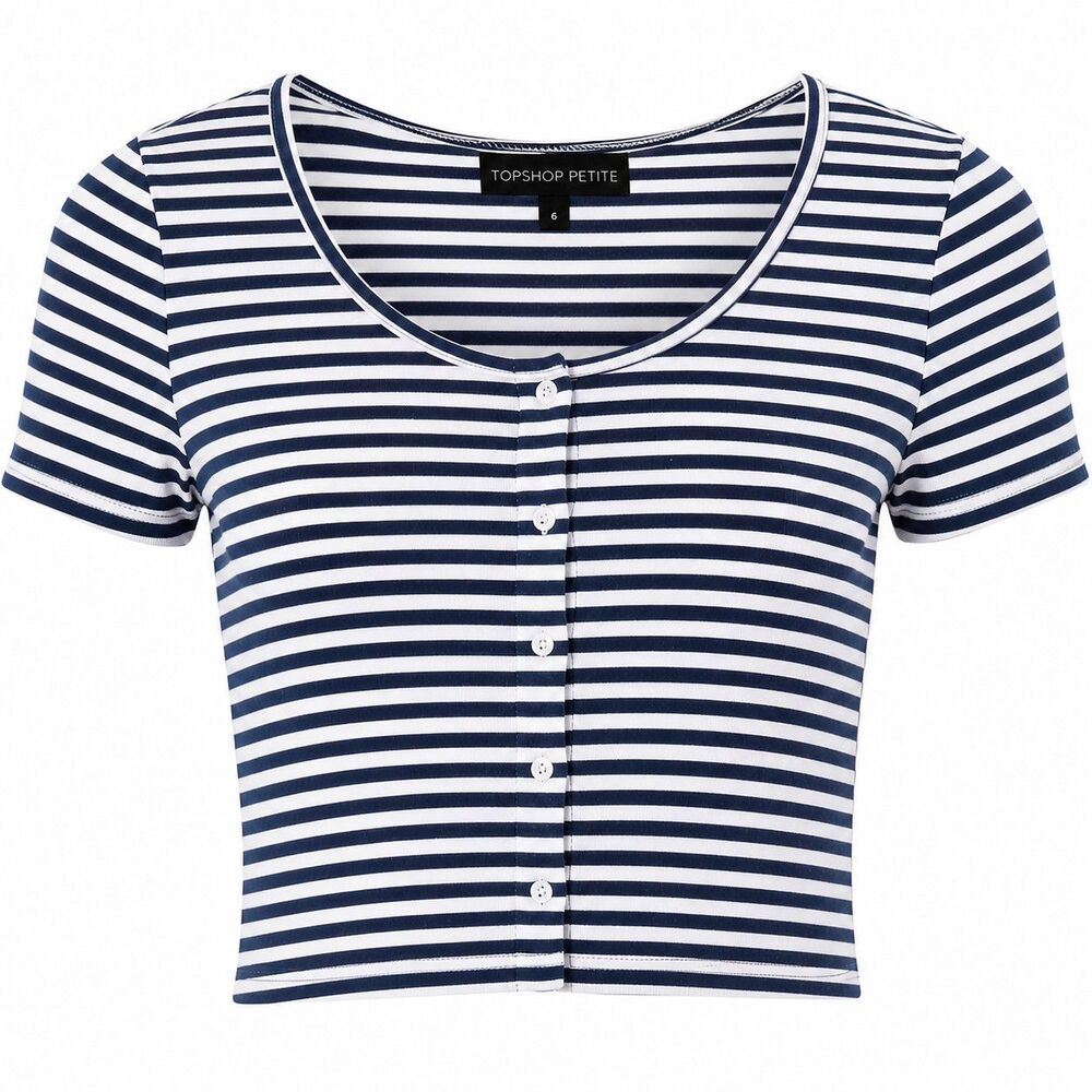Topshop Petite Womens Striped Crop Top Button Front Navy White Tee Sz 6 Nautical